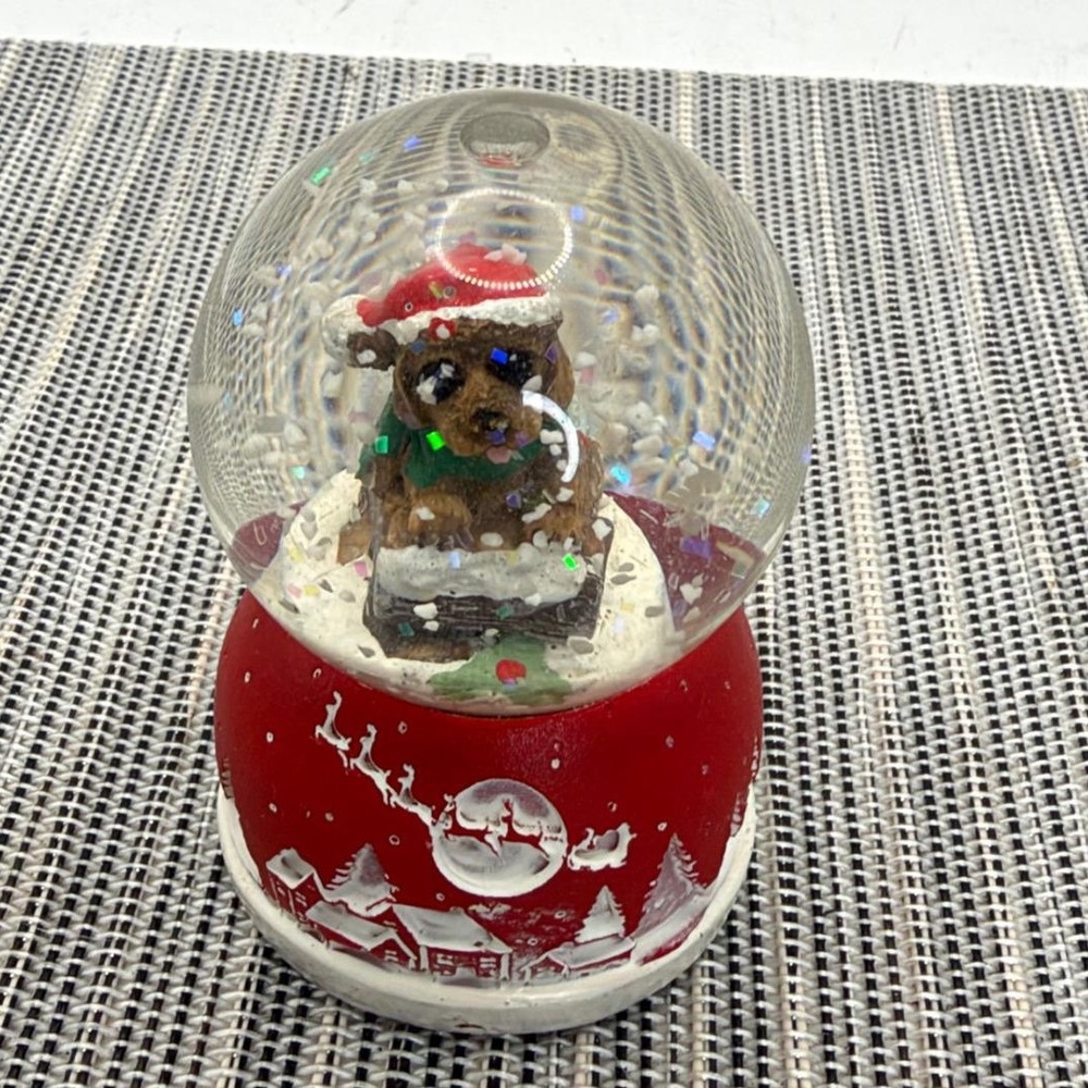 Mini Christmas Snow Globe Dog in Santa Hat on Sled Red Winter Village Base 3.5in